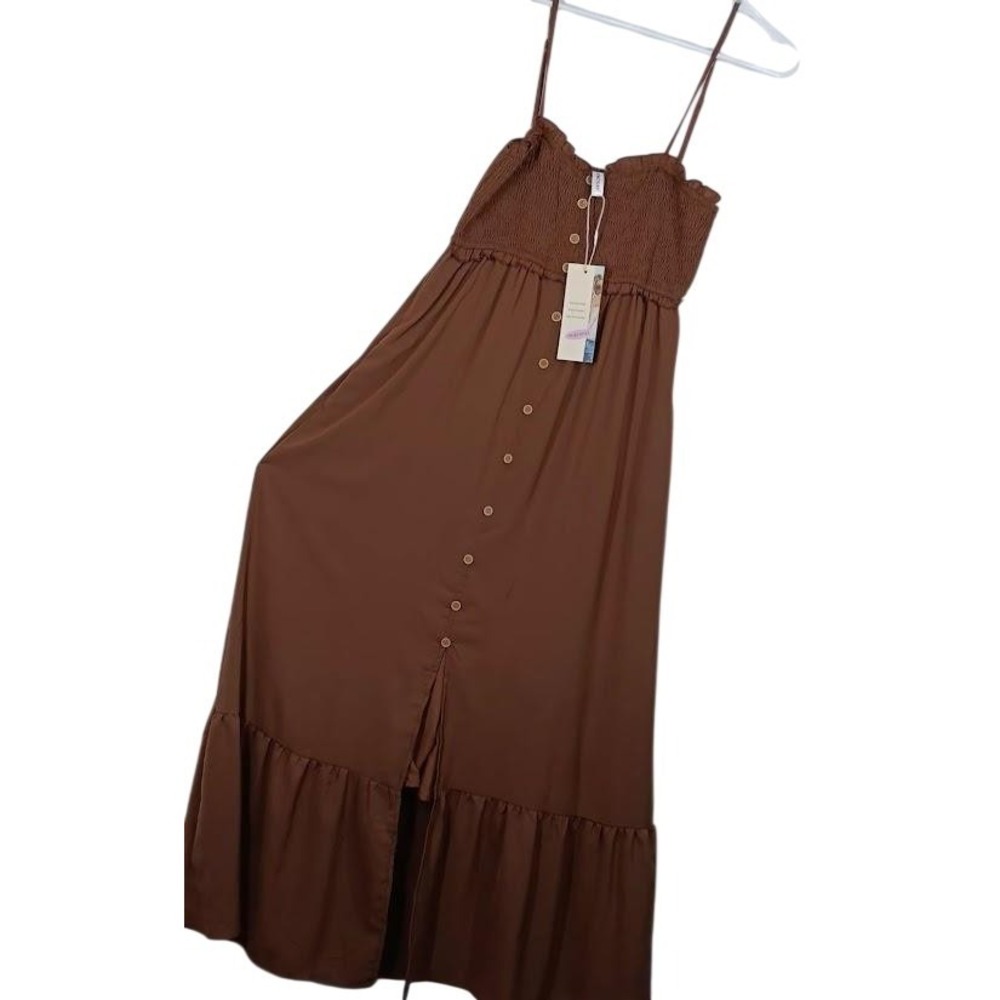 Dokotoo Dress‎ Womens Small Brown Smocked Button Front Maxi Sundress Pockets